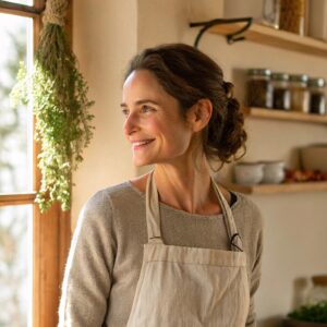 Lara smiling in her cozy home kitchen, wearing a linen apron and surrounded by rustic cooking elements.