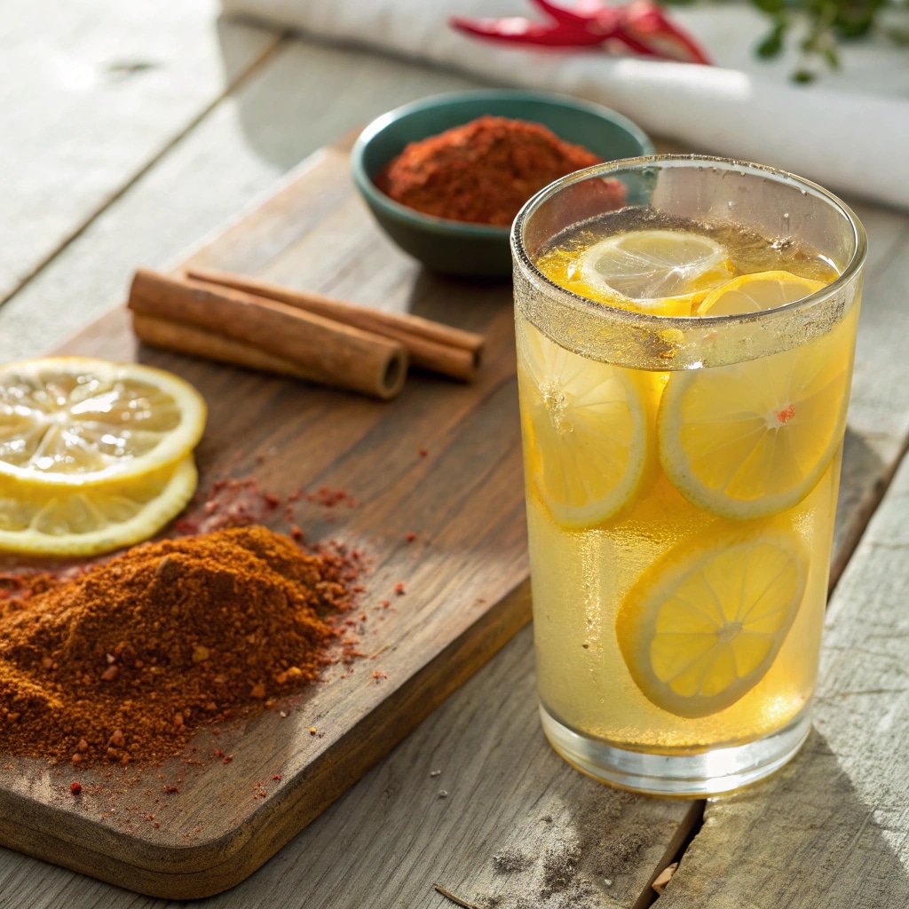 Brazilian Mounjaro drink in glass with lemon and spices